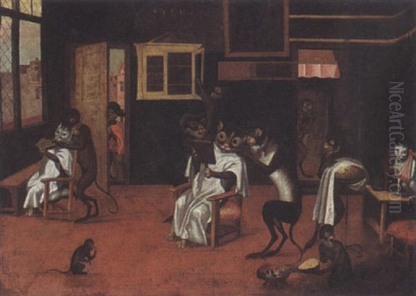 Monkeys At The Barber Oil Painting by Jan van, the Younger Kessel