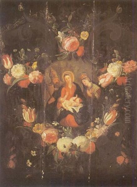 Vierge A L'enfant Entre Saint Gregoire Et Sainte Catherine Dans Une Guirlande De Fleurs Oil Painting by Jan van, the Younger Kessel