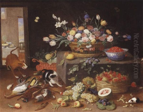 Chien Et Chat Se Disputant Dans Un Garde-manger Oil Painting by Jan van, the Younger Kessel