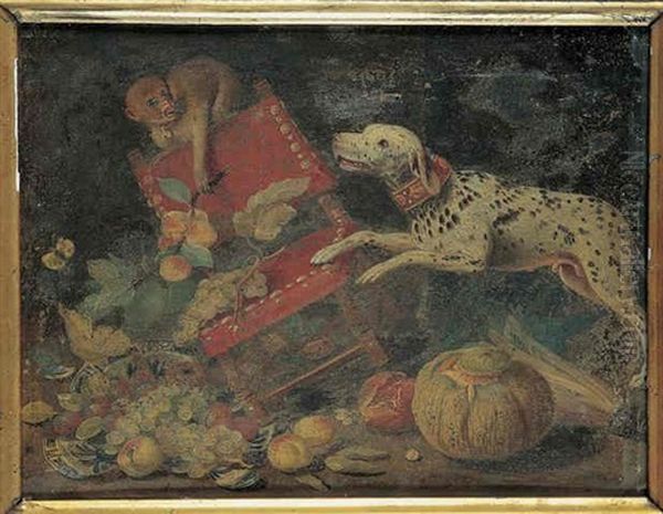 Un Singe Narguant Un Chien Dans Un Interieur Oil Painting by Jan van, the Younger Kessel