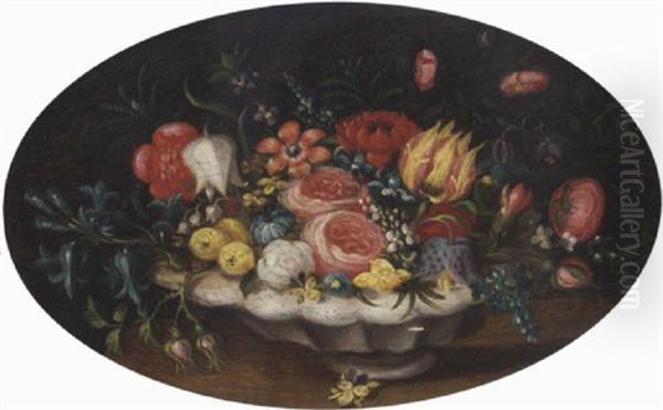 Tulips And Roses In A Vase On A Table Oil Painting by Jan van, the Younger Kessel