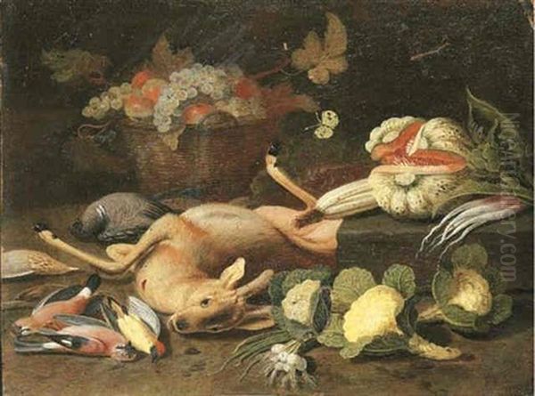 Still Life With A Fawn, A Pigeon, Jays, A Woodpecker, A Thrush, Cabbages, Onions, An Artichoke, A Melon, A Basket With Grapes And Apples, And A Butterfly Oil Painting by Jan van, the Younger Kessel