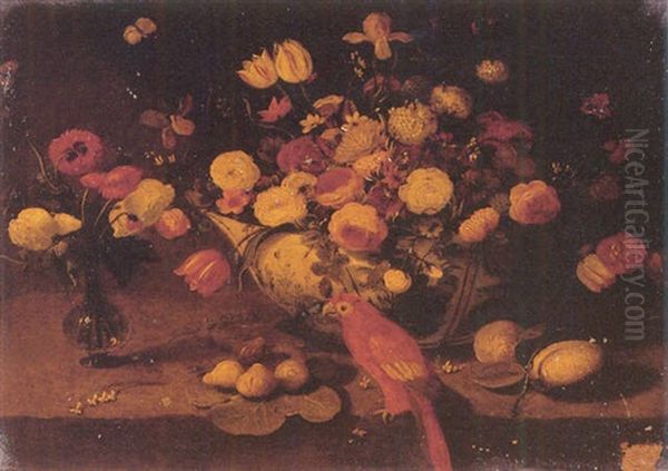 Nature Morte A La Coupe De Fleurs Et Au Perroquet Oil Painting by Jan van, the Younger Kessel