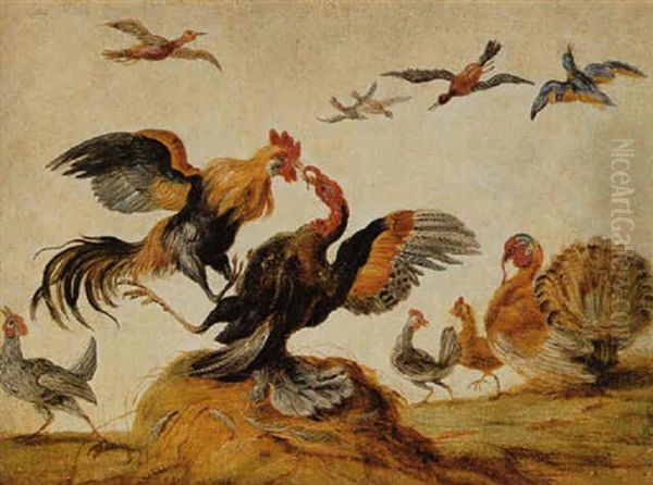 Combat De Coqs Et De Dindons Oil Painting by Jan van, the Younger Kessel