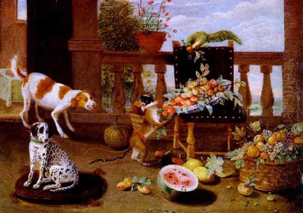 Zwei Hunde, Ein Affchen Und Ein Papagei Mit Fruchten Auf Einer Schlosterasse Oil Painting by Jan van, the Younger Kessel
