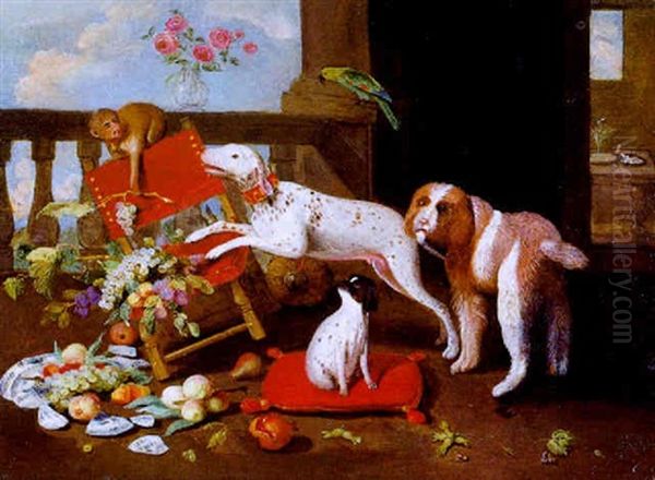 Drei Hunde, Ein Affchen Und Ein Papagei Auf Einer Schlosterasse Oil Painting by Jan van, the Younger Kessel