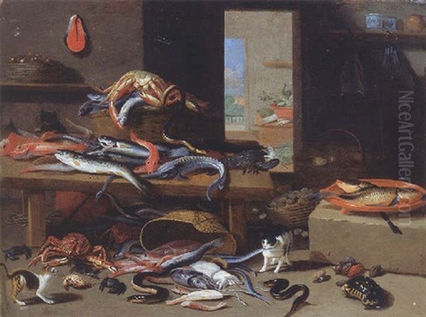 Cats Chasing Eel, Octopus, Crab Falling From An Upturned Basket, With A Crayfish, Sturgeon And Other Fish On A Table Nearby, In A Larder Oil Painting by Jan van, the Younger Kessel