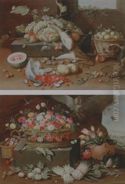 Still Life Of Fruits In A Basket, With A Dog Surprising A Monkey Stealing Grapes Oil Painting by Jan van, the Younger Kessel