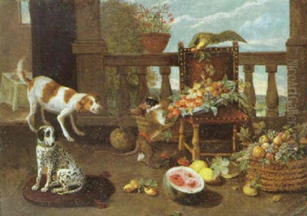 A Dog Surprising A Monkey Overturning A Bowl Of Fruit With Another Dog And A Parrot On A Terrace Oil Painting by Jan van, the Younger Kessel