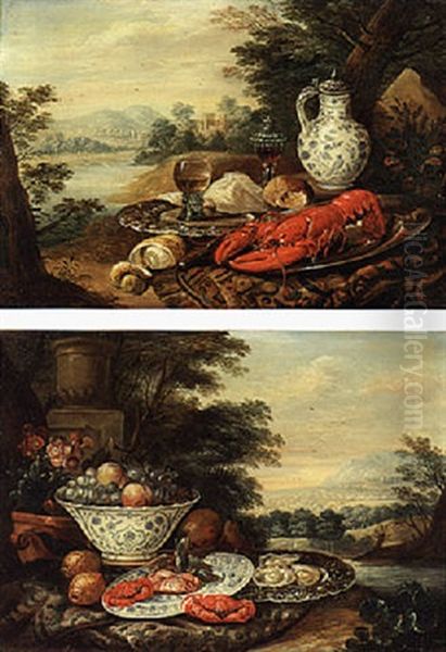 Still Life With Bread, Glasses, A  Wanli Kraak Porselein Pitcher, A Pewter Plate And Other Objects In A River Landscape Oil Painting by Jan van, the Younger Kessel