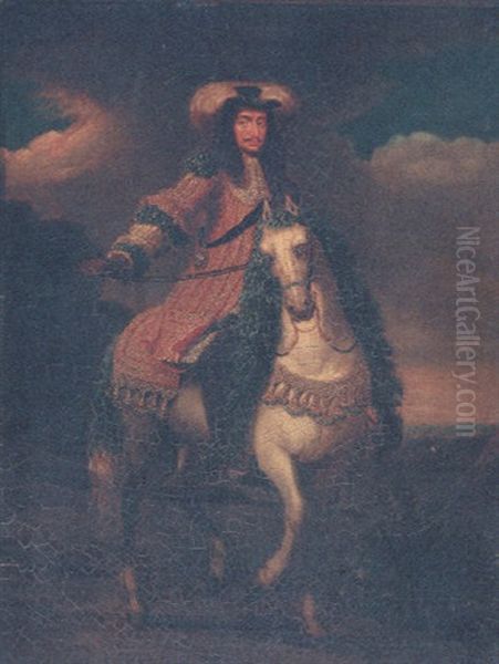 An Equestrian Portrait Of Charles Ii, Wearing The Lesser George, On A Grey Horse With Floral Mane And Tail Oil Painting by Jan van, the Younger Kessel