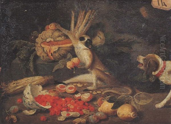 Nature Morte A La Coupe De Fraises; Citron, Melon, Petit Singe Et Chien Oil Painting by Jan van, the Younger Kessel