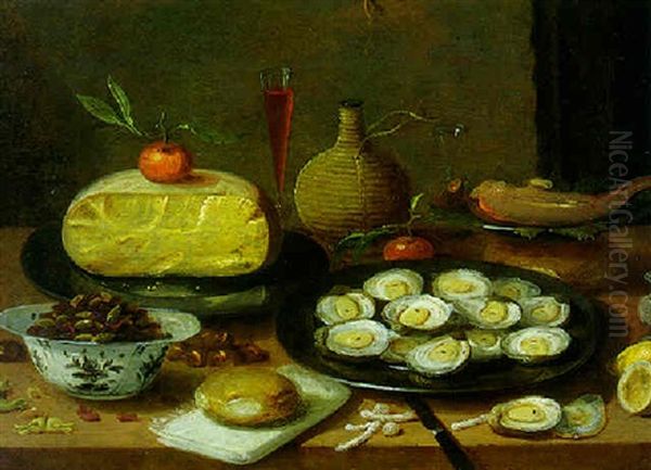 A Still Life Of Oysters On A Pewter Plate, Cheese, Nuts, A Flask Of Wine And Other Objects On A Table Oil Painting by Jan van, the Younger Kessel
