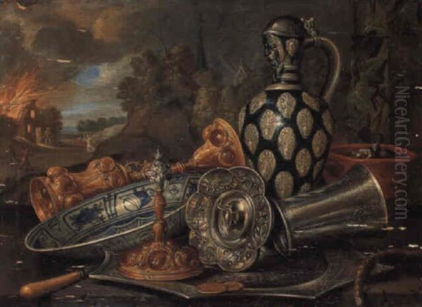 An Allegory Of Fire: A Jug And Other Objects Before A Burning House Oil Painting by Jan van, the Younger Kessel