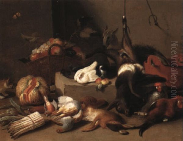 Still Life Of Game, Poultry, Doves, A Cat And Fruit On A Stone Ledge Oil Painting by Jan van, the Younger Kessel