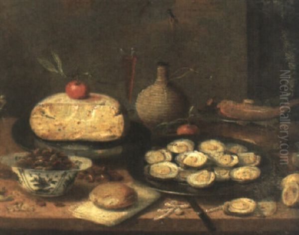 Still Life Of Nuts In A Bowl, Cheese, Oysters And A Flagon, All On A Table Oil Painting by Jan van, the Younger Kessel