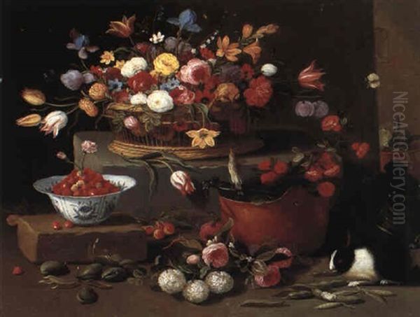 Still Life With Flowers In A Basket, Bowls And A Rabbit Oil Painting by Jan van, the Younger Kessel