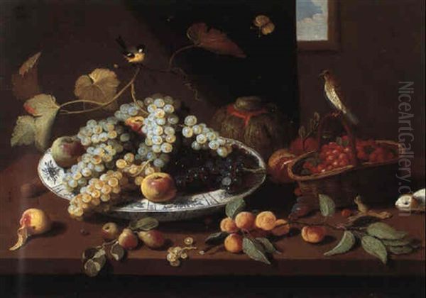Still Life With Fruit, A Hamster And Birds On A Wooden Table Oil Painting by Jan van, the Younger Kessel