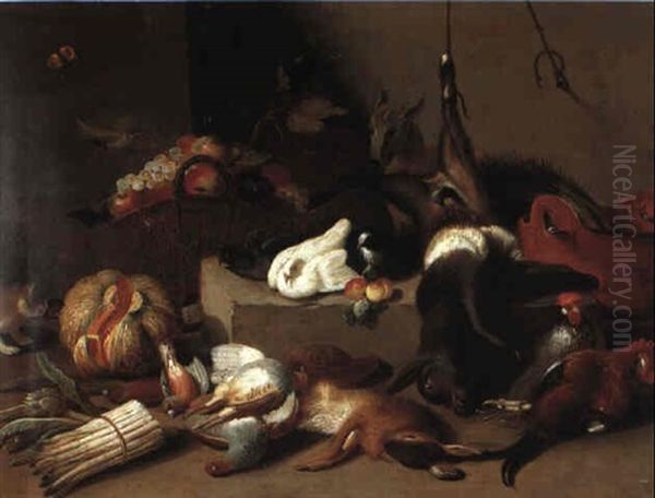 Still Life With Game, Poultry, Fruit, Cat And Dog On A Stone Ledge Oil Painting by Jan van, the Younger Kessel