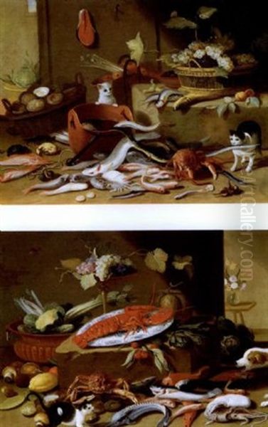 Chats Jouant Avec Du Poisson Oil Painting by Jan van, the Younger Kessel
