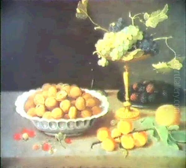 A Still Life Of Walnuts In A Bowl, Peaches And Grapes In A  Tazza And Blackberries Behind, All On A Ledge Oil Painting by Jan van, the Younger Kessel