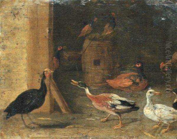 A Turkey, Ducks And Pheasants In A Barn Oil Painting by Jan van, the Younger Kessel