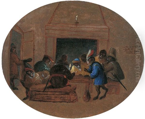 Wirtshausszene Mit Affen Und Einer Robbe (?) Um Einen Tisch Oil Painting by Ferdinand van Kessel