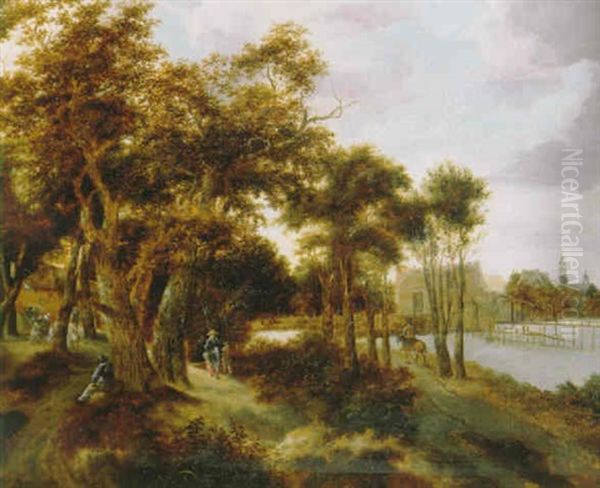 A Wooded River Landscape With Peasants And Travellers On A Path, A Town Beyond Oil Painting by Jan van Kessel