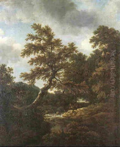 A Woodland With Huntsmen On Horseback Crossing A Stream In Pursuit Of A Stag Oil Painting by Jan van Kessel
