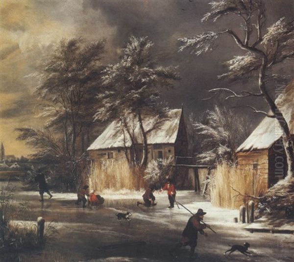 Winter Landscape With Figures Skating By Farmhouses Oil Painting by Jan van Kessel