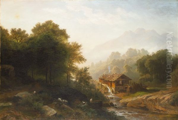 Gebirgslandschaft Mit Wassermuhle Oil Painting by August Friedrich Kessler
