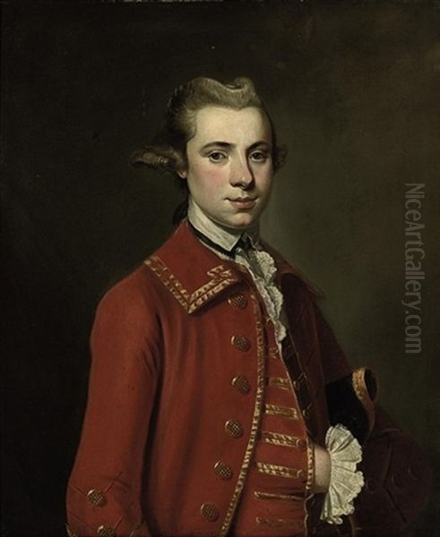 Portrait Of A Gentleman, In A Burgundy Coat And Waistcoat, With A Tricorn Hat Under His Left Arm Oil Painting by Tilly Kettle
