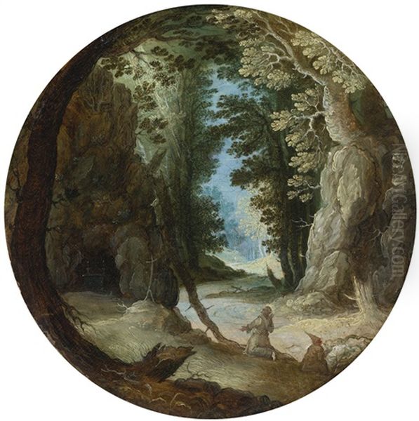 Monks In A Wooded Landscape Oil Painting by Kerstiaen de Keuninck