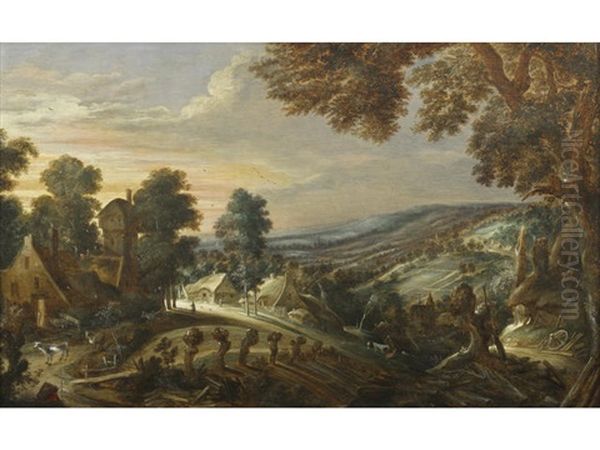 An Extensive Hilly Landscape With Farmsteads Oil Painting by Kerstiaen de Keuninck