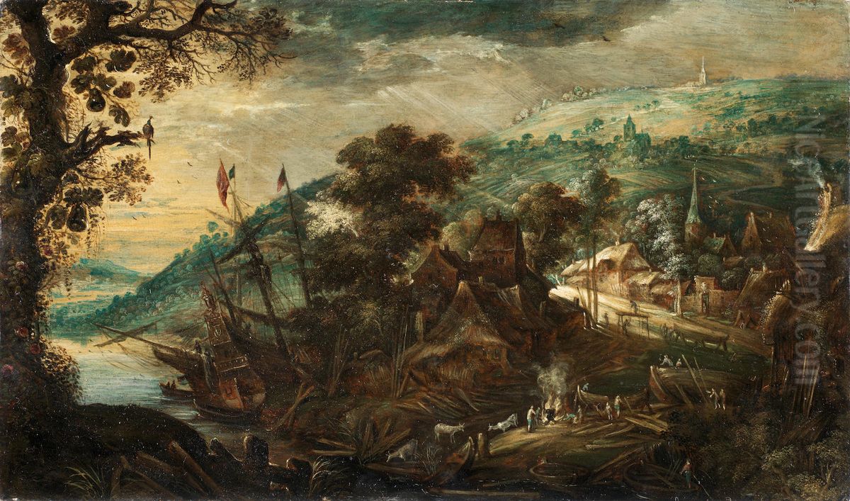 Figures Around A Fire, Before An Extensive River Landscape, With A Ship Moored In The Distance Oil Painting by Kerstiaen de Keuninck