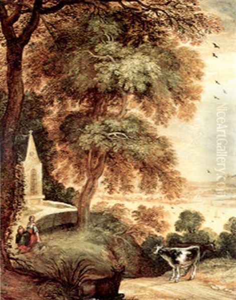 A Young Shepherdess With Cattle By A Chapel Oil Painting by Kerstiaen de Keuninck