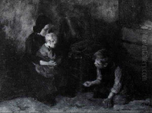 Mother And Two Children Oil Painting by Jacob Simon Hendrik Kever