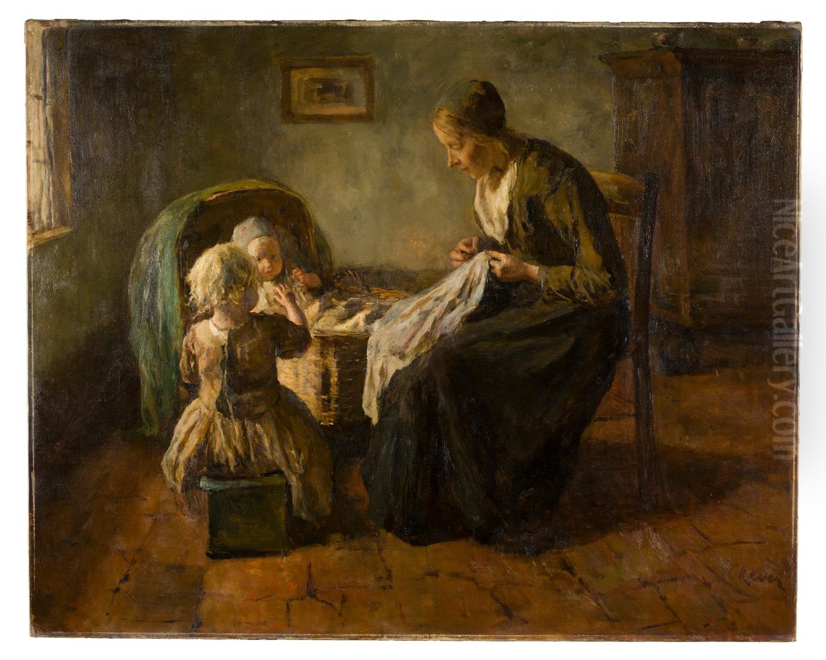 Mother And Children Oil Painting by Jacob Simon Hendrik Kever
