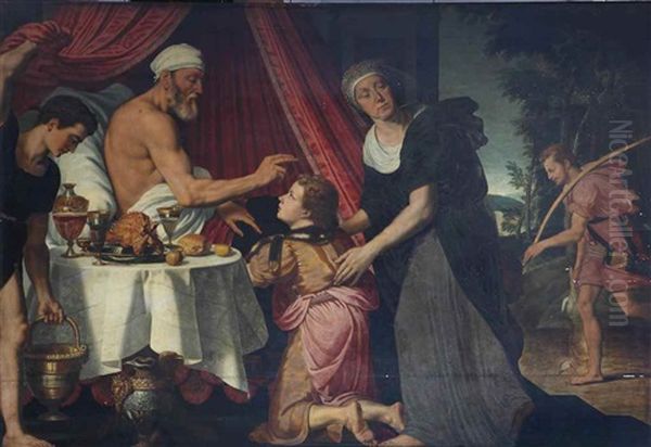 Isaac Blessing Jacob With The Presence Of Rebecca, With Esau Returning From The Hunt In The Background Oil Painting by Willem Adriaensz Key