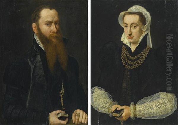 Portrait Of A Bearded Gentleman, Half Length, In A Black Doublet, Holding The Book Of Psalms; Portrait Of A Lady, Half Length In A Black Gown, Holding The Book Of Psalms (pair) Oil Painting by Willem Adriaensz Key