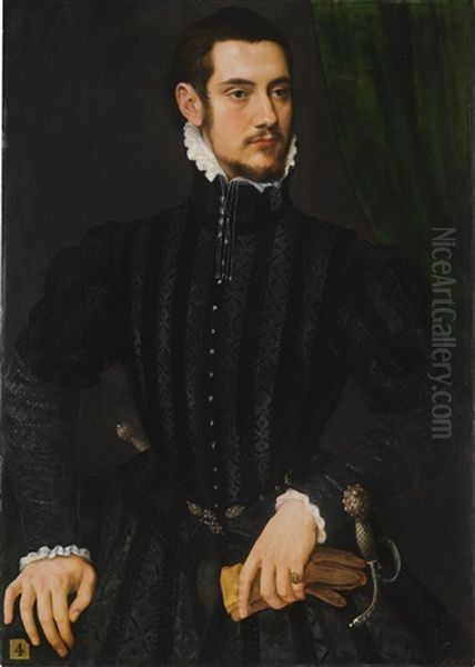 Portrait Of A Gentleman, Said To Be 'perari Di Cremona', Half-length, Wearing A High-collared Black Coat With White Cuffs And Collar, Holding A Pair Of Gloves, Standing Before A Green Curtain Oil Painting by Willem Adriaensz Key