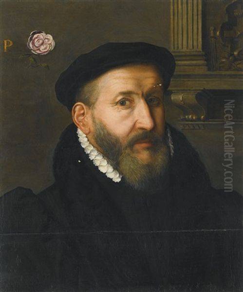 Portrait Of A Gentleman Wearing A Black Beret And A White Collar Oil Painting by Willem Adriaensz Key
