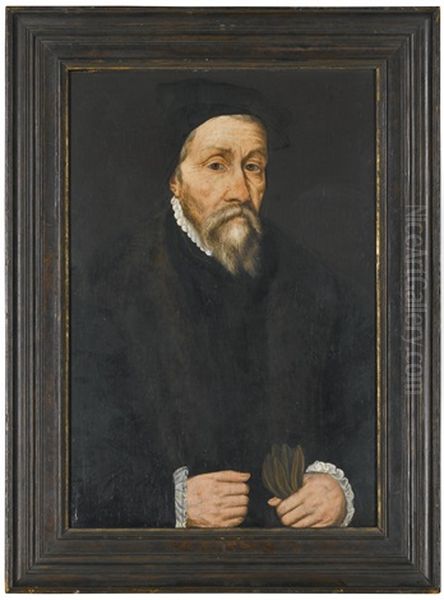 Portrait Of A Gentleman, Dressed In Black, Holding A Pair Of Gloves Oil Painting by Willem Adriaensz Key