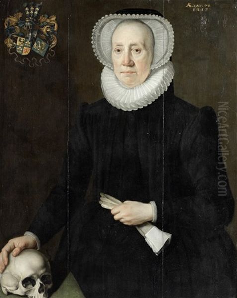 Portrait Of An Elderly Lady Of The Van Heemstra Family Of Friesland, Three-quarter-length, Holding A Pair Of Gloves And With Her Right Hand Resting On A Skull Oil Painting by Willem Adriaensz Key