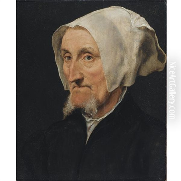 A Portrait Of Margret Halseber Of Basel, The Lady With The Two Beards, Head And Shoulders, Wearing A White Headdress Oil Painting by Willem Adriaensz Key