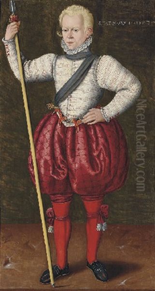 Portrait Of A Young Man In A White Embroidered Doublet And Red Pantaloons, A Pike In His Right Hand Oil Painting by Willem Adriaensz Key