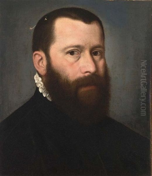 A Portrait Of A Distinguished Gentleman, Bust Length, Wearing A Black Coat With A White Collar Oil Painting by Willem Adriaensz Key