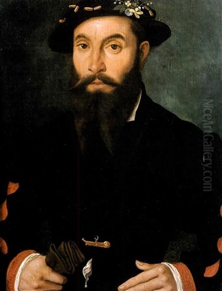 Portrait D'homme Au Chapeau Fleuri Tenant Ses Gants Oil Painting by Willem Adriaensz Key