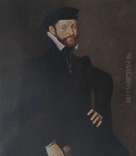 A Portrait Of A Bearded Gentleman, Aged 31, Wearing A Black Coat, Holding Gloves In His Right Hand Oil Painting by Willem Adriaensz Key