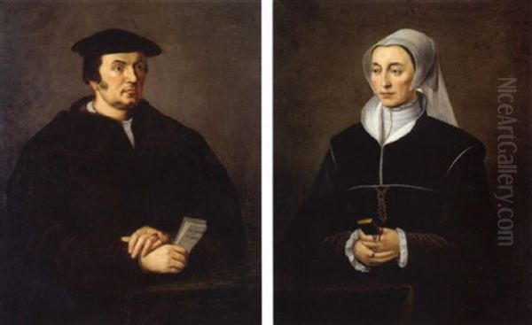 Bildnis Eines Herrn In Schwarzem Gewand Und Schwarzem Barett An Einem Tisch Mit Grunem Tuch Oil Painting by Willem Adriaensz Key